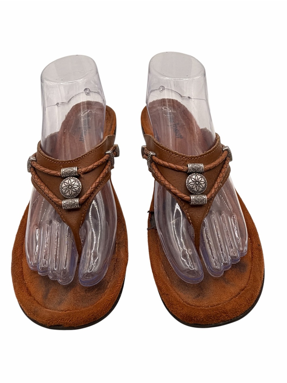 Minnetonka Brown Braided Toe-Post Sandals with Silver Details - Size 10